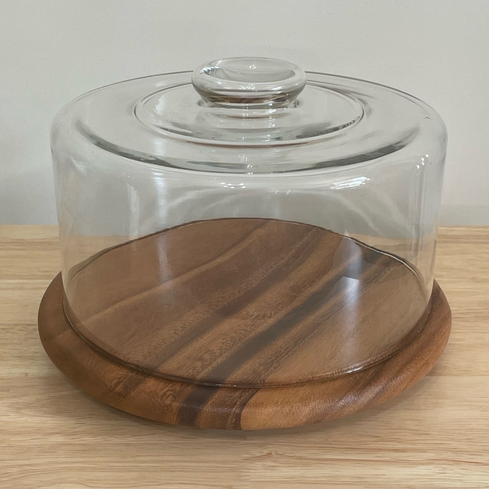 Vintage MCM Glass Dome w/ Thai Monkeypod Wood Base - Cheese Tray / Cake 10.25” W